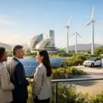 ENDENER renewable energy campus tour with solar panels, wind turbines and modern building.