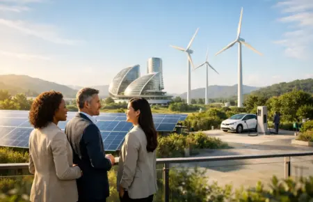 ENDENER renewable energy campus tour with solar panels, wind turbines and modern building.