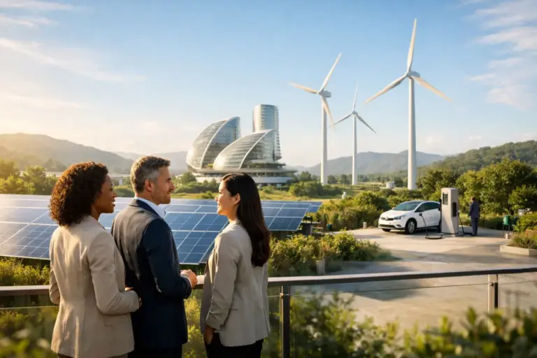 ENDENER renewable energy campus tour with solar panels, wind turbines and modern building.
