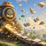 Steampunk library with glowing tree emblem and books bursting into a dreamlike landscape.