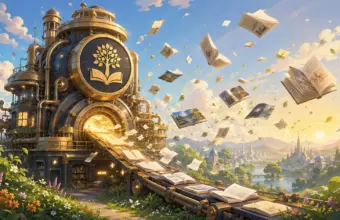 Bibliothèque de style steampunk ornée d'un emblème en forme d'arbre lumineux et de livres qui s'épanouissent dans un paysage onirique.