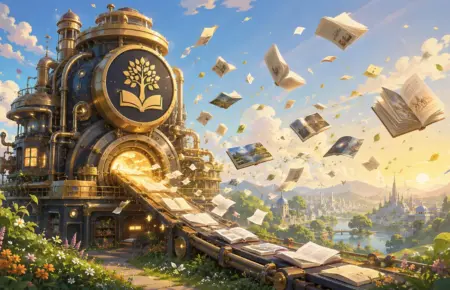 Steampunk library with glowing tree emblem and books bursting into a dreamlike landscape.