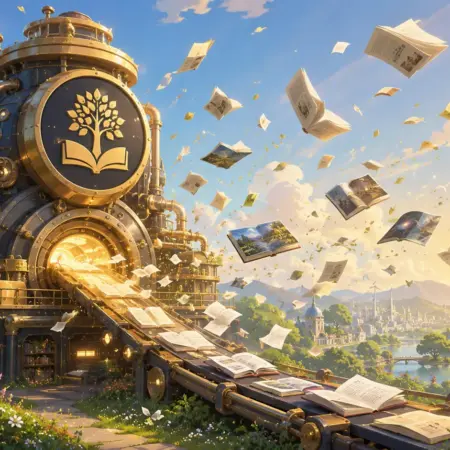 Steampunk library with glowing tree emblem and books bursting into a dreamlike landscape.