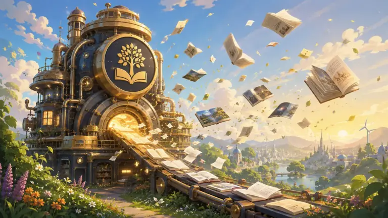 Steampunk library with glowing tree emblem and books bursting into a dreamlike landscape.