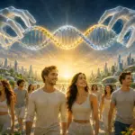 Futuristic garden city with glowing DNA, symbolising immortality and humanity’s hopeful future.
