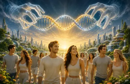 Futuristic garden city with glowing DNA, symbolising immortality and humanity’s hopeful future.