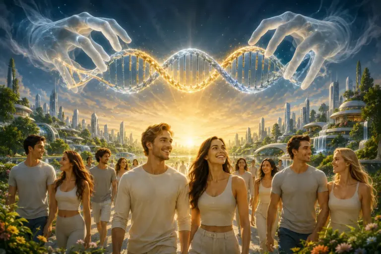 Futuristic garden city with glowing DNA, symbolising immortality and humanity’s hopeful future.