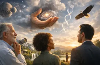 Trois personnes contemplent un ciel surréaliste où se dessinent des planètes, un globe lumineux et une double hélice d'ADN.