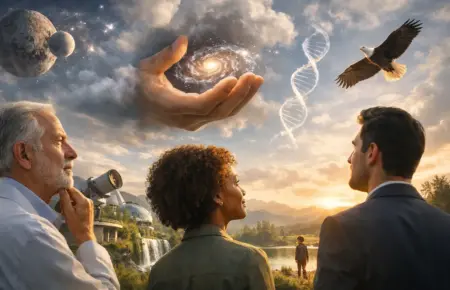Three people gaze at a surreal sky with planets, a glowing orb, and a DNA spiral.