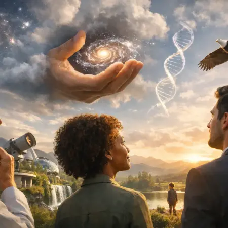 Three people gaze at a surreal sky with planets, a glowing orb, and a DNA spiral.
