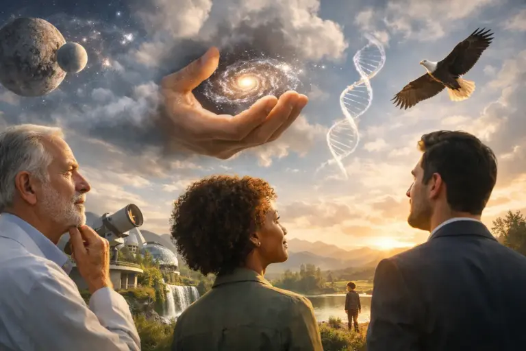 Three people gaze at a surreal sky with planets, a glowing orb, and a DNA spiral.