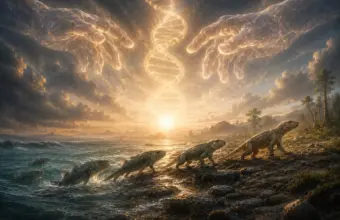 Sunlit rocky coastline beneath ethereal hand-like clouds at sunset.