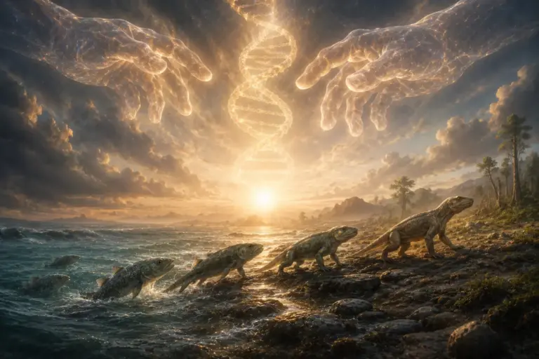 Sunlit rocky coastline beneath ethereal hand-like clouds at sunset.