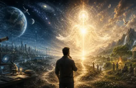 Lone figure before divine light, symbolising existence of a creator amid darkness.