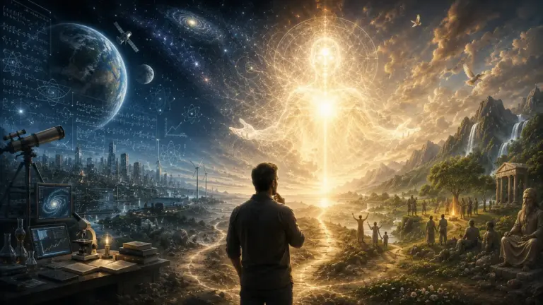 Lone figure before divine light, symbolising existence of a creator amid darkness.