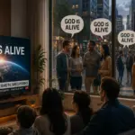 Worship crowd beneath “GOD IS ALIVE” screen with Earth imagery and matching signs.