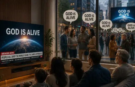 Worship crowd beneath “GOD IS ALIVE” screen with Earth imagery and matching signs.