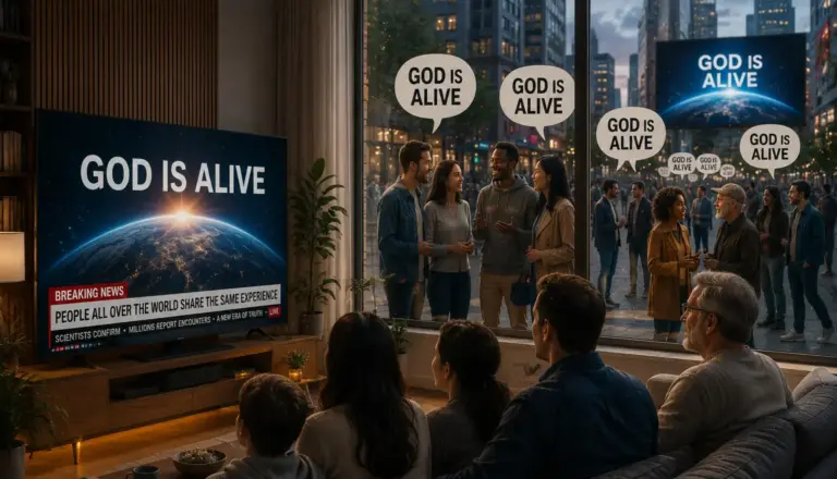 Worship crowd beneath “GOD IS ALIVE” screen with Earth imagery and matching signs.