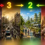 Four-stage city evolution countdown from ruin to futuristic waterfront prosperity.