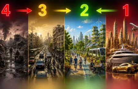 Four-stage city evolution countdown from ruin to futuristic waterfront prosperity.