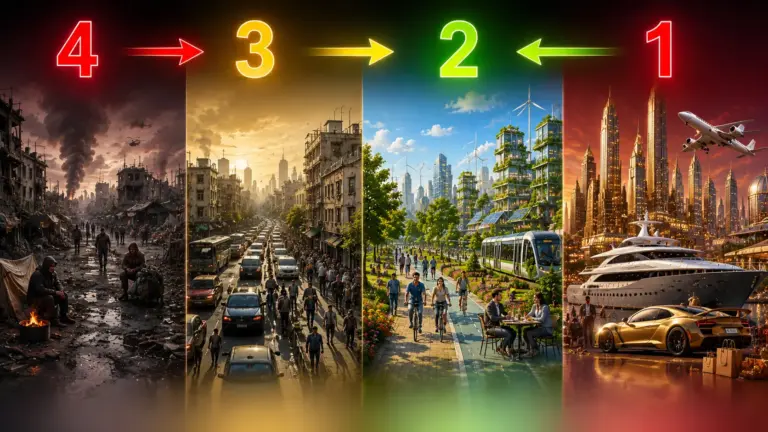 Four-stage city evolution countdown from ruin to futuristic waterfront prosperity.