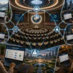 Futuristic hybrid democracy summit with global remote attendees and digital network connections