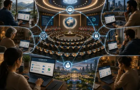 Futuristic hybrid democracy summit with global remote attendees and digital network connections