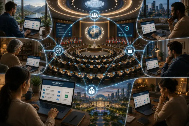 Futuristic hybrid democracy summit with global remote attendees and digital network connections