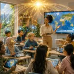Sunlit modern classroom with teacher, digital screen, and students collaborating in groups.