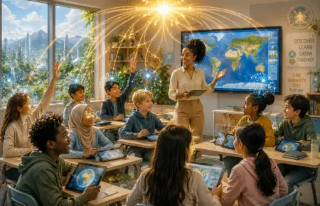 Sunlit modern classroom with teacher, digital screen, and students collaborating in groups.