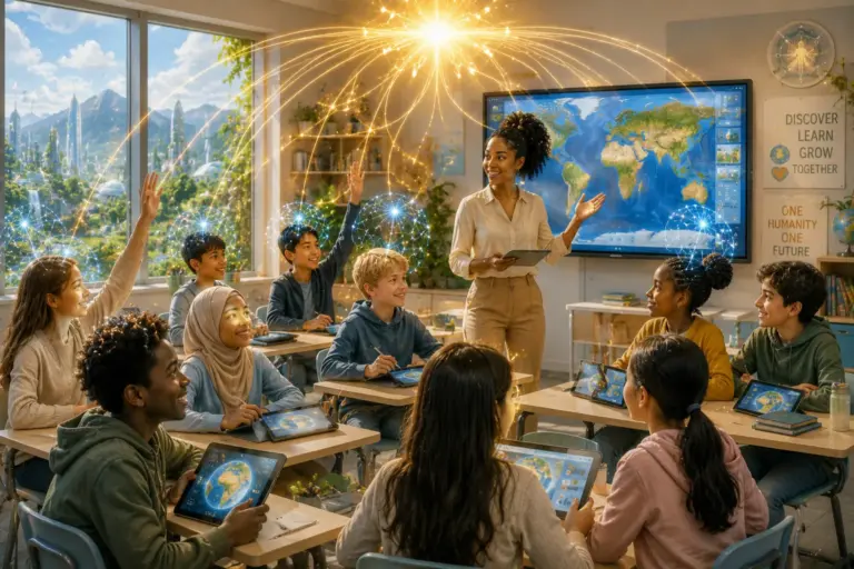 Sunlit modern classroom with teacher, digital screen, and students collaborating in groups.