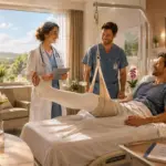Sunlit hospital room with patient, doctors and flowers, showcasing compassionate patient-centred care.