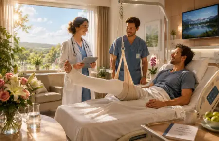 Sunlit hospital room with patient, doctors and flowers, showcasing compassionate patient-centred care.
