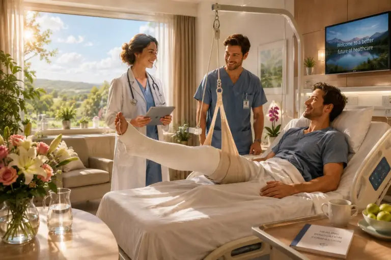 Sunlit hospital room with patient, doctors and flowers, showcasing compassionate patient-centred care.