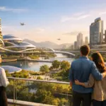 Four people overlook a futuristic eco city at sunset, embodying humanity’s future.