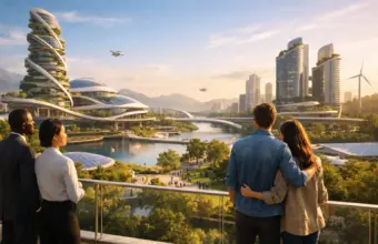 Four people overlook a futuristic eco city at sunset, embodying humanity’s future.