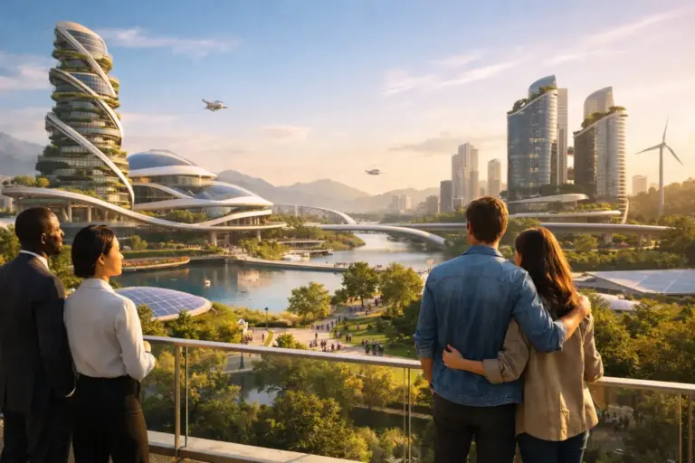 Four people overlook a futuristic eco city at sunset, embodying humanity’s future.