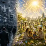 Dystopian city versus peaceful meadow, symbolising future society and global cooperation.