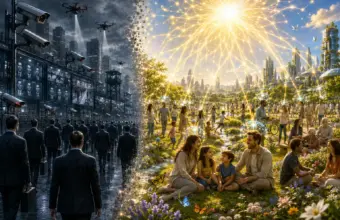 Dystopian city versus peaceful meadow, symbolising future society and global cooperation.