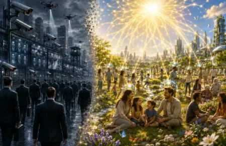 Dystopian city versus peaceful meadow, symbolising future society and global cooperation.