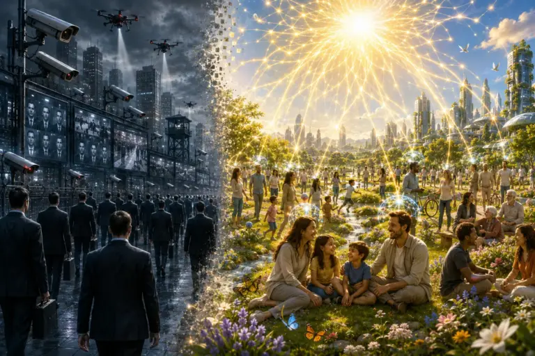 Dystopian city versus peaceful meadow, symbolising future society and global cooperation.