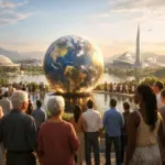 Crowd views giant globe before futuristic skyline at sunset, symbolising global unity and hope.