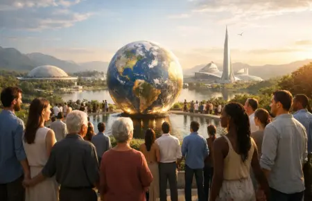 Crowd views giant globe before futuristic skyline at sunset, symbolising global unity and hope.