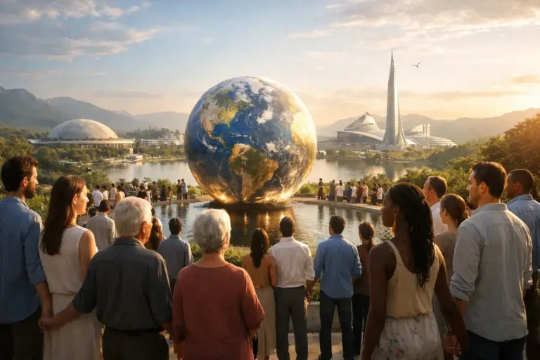 Crowd views giant globe before futuristic skyline at sunset, symbolising global unity and hope.