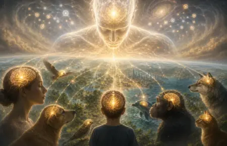 Golden creator face hovers over child and animals, radiating cosmic spiritual awakening.
