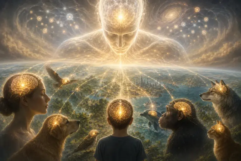 Golden creator face hovers over child and animals, radiating cosmic spiritual awakening.