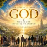 Epic poster of God emerging over a radiant celestial valley, watched by a crowd.