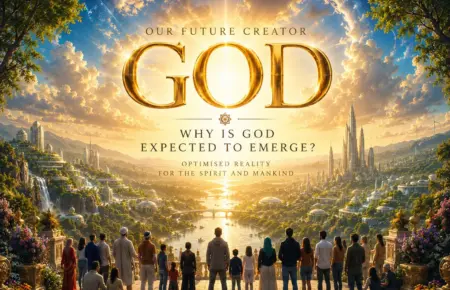 Epic poster of God emerging over a radiant celestial valley, watched by a crowd.