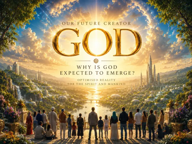 Epic poster of God emerging over a radiant celestial valley, watched by a crowd.
