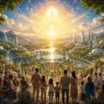 Crowd gazes at GOD’s radiant, corruption-free universe of gardens, domes and glowing waterways.